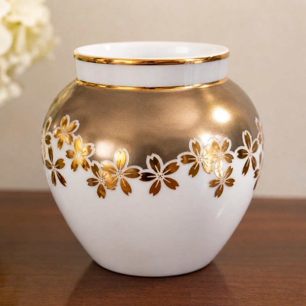 Vintage Tiffany & Co Le Tallec Paris Gold Porcelain Vase In Cherry Blossom